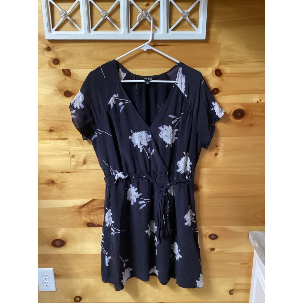 Lucky Brand Womens Black Silk Floral V-Neck Faux Wrap Mini Dress Large Boho L